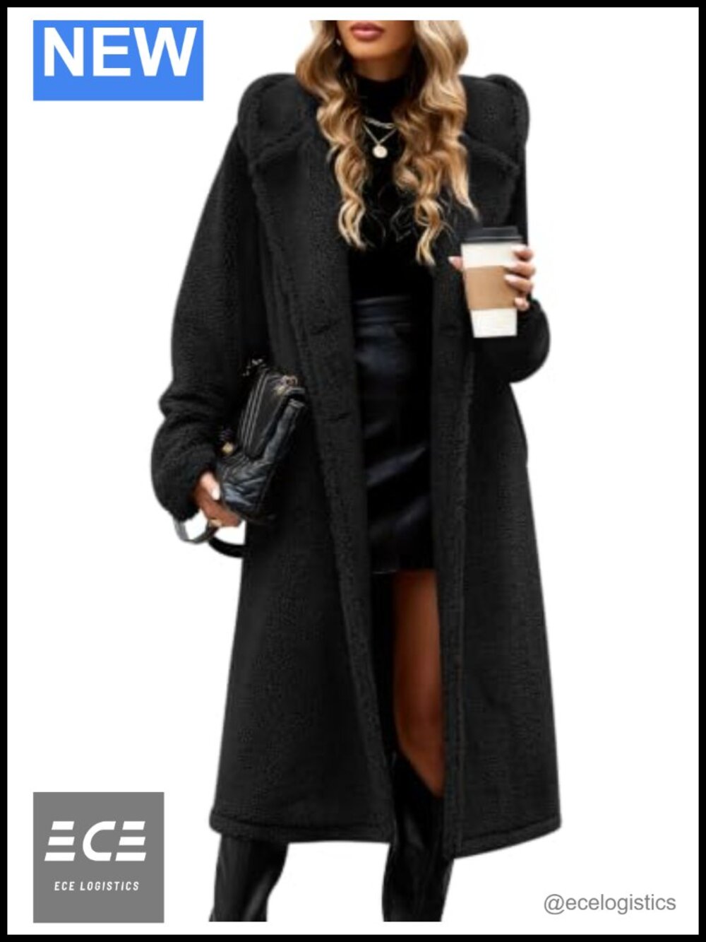 Long Fleece Sherpa Lapel Hooded Jacket Pockets Faux Fur Winter Coat